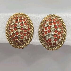 Earrings Vintage Carnegie Caged Twisted Rope Red Cabochon Beads Rhinestones